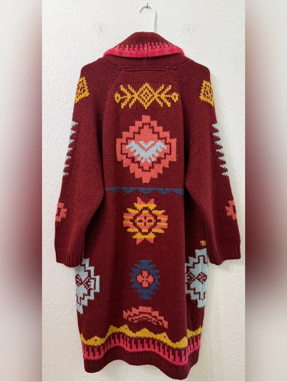 Rare Sundance Tayen Sweater Coat Cozy Burgundy Boho Patterned Size LP